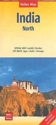 India North regional map with Delhi. Featuring a new style cover and easy-fold system, this map of North India is marked with tourist attractions and public transport systems, and includes inset maps of major cities. It provides information on hotels. thi