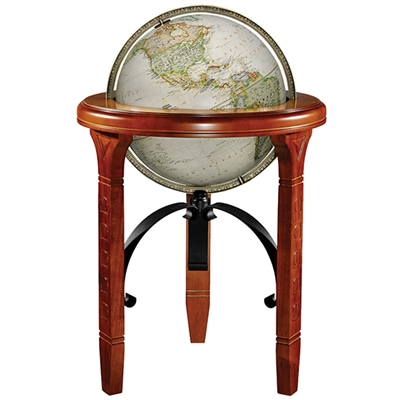 National Geographic Jameson - 16 inch Floor Globe. This modern world globe is designed in antique parchment style. The solid hardwood base is very intricate and it's heavy wrought iron metal stretcher is strong and adds to the beauty of this globe. The 16