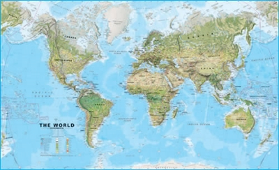 World Wall Map Physical Large. This environmental (physical) world wall map is a fantastic representation of the world's environmental terrain and the different environmental categories - tundra, forests, deserts etc. Country borders and major cities are