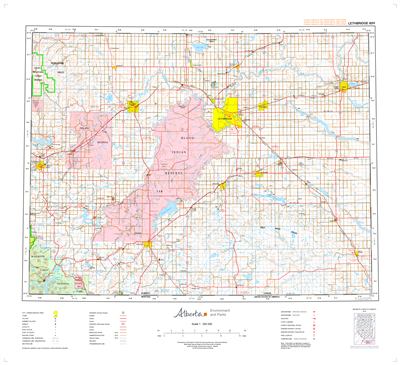 AB082H - LETHBRIDGE - Topographic Map. The Alberta 1:250,000 scale paper topographic map series is part of the Alberta Environment & Parks Map Series. They are also referred to as topo or topographical maps is very useful for providing an overview of a