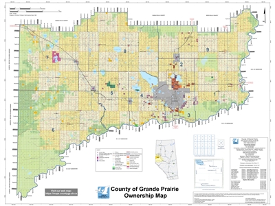 Grande Prairie Landowner Map - County 1. County and Municipal District (MD) maps show surface land ownership with each 1/4 section labeled with the owners name. Also shown by color are these land types - Crown (government), Freehold (private) and Crown Le