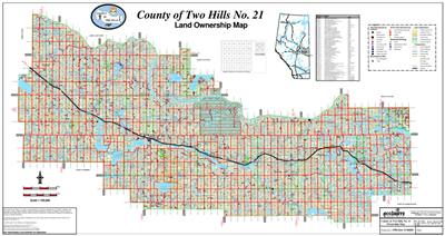 Two Hills County Landowner map - C21. County and Municipal District (MD) maps show surface land ownership with each 1/4 section labeled with the owners name. Also shown by color are these land types - Crown (government), Freehold (private) and Crown Lease