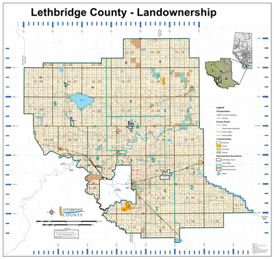 Lethbridge County Landowner map - County 26. County and Municipal District (MD) maps show surface land ownership with each 1/4 section labeled with the owners name. Also shown by color are these land types - Crown (government), Freehold (private) and Crow