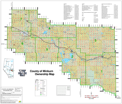 Minburn County Landowner map C27. County and Municipal District (MD) maps show surface land ownership with each 1/4 section labeled with the owners name. Also shown by color are these land types - Crown (government), Freehold (private) and Crown Leased la