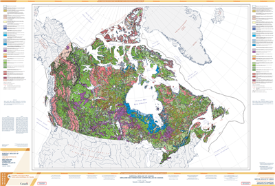 Surficial Geology of Canada. This detailed map shows surficial geological features such as glaciers including the glaciation extents and direction, colluvial deposits, alluvial sediments, glaciofluvial sediments, weathered bedrock or regolith and bedrock.