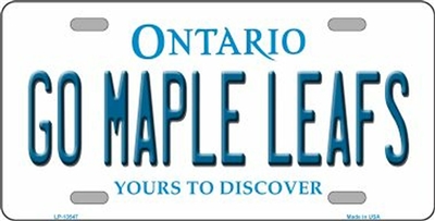 Go Maple Leafs - Yours to Discover Ontario Metal License Plate. Heavy duty metal that can go on the front of the car or in your man cave. This 6" x 12" automotive high gloss metal license plate tag is made of the highest quality aluminum for a weather res