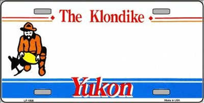 The Klondike - Yukon Metal License Plate. This reproduction license plate reads The Klondike - Yukon. Heavy duty metal that can go on the front of the car or in your man cave.