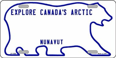 Nunavut Metal License Plate. This reproduction license plate reads Explore Canada's Arctic - Nunavut. Heavy duty metal that can go on the front of the car or in your man cave.