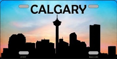 Calgary Downtown Silhouette Metal License Plate. Heavy duty metal that can go on the front of the car or in your man cave. This 6" x 12" automotive high gloss metal license plate tag is made of the highest quality aluminum for a weather resistant finish.