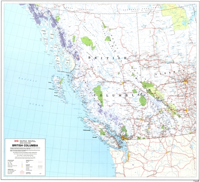 British Columbia Provincial Base Map 1:2,000,000. This detailed base map of BC shows primary and secondary highways, rivers, lakes, and other waterways, cities, towns, villages, airports, political boundaries, latitude and longitude grids. Includes a larg