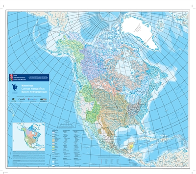 Watersheds of North America Wall Map. This map shows watershed basins in Canada, the USA and Mexico, along with which body of water it drains into, including the Pacific, Atlantic, Arctic, Hudson Bay, Gulf of Mexico or the Caribbean Sea. This map is part