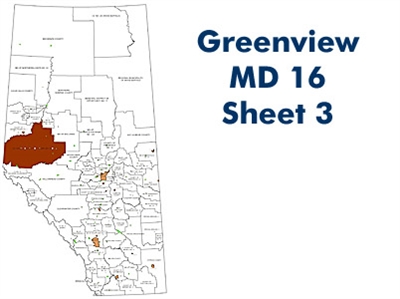 Greenview MD 16 Landowner map - Sheet 3 Grovedale. County and Municipal District (MD) maps show surface land ownership with each 1/4 section labeled with the owners name. Also shown by color are these land types - Crown (government), Freehold (private)