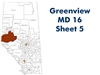 Greenview MD 16 Landowner map - Sheet 5. County and Municipal District (MD) maps show surface land ownership with each 1/4 section labeled with the owners name. Also shown by color are these land types - Crown (government), Freehold (private) and Crown