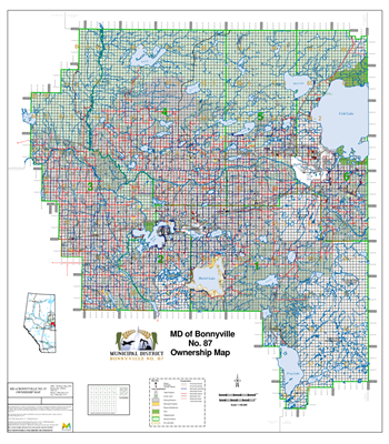 Bonnyville Municipal District Landowner map - MD 87. Major city includes Cold Lake. County and Municipal District (MD) maps show surface land ownership with each 1/4 section labeled with the owners name. Also shown by color are these land types - Crown