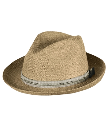 TILLEY Raffia Hat Tea Stain R7. This traditional Raffia Fedora, created using premium Madagascar, has a curved brim that can be worn traditionally or creatively. Moisture wicking sweatband front insert can be cleaned. Keep valuables safe inside.