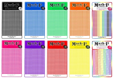 Stickers - Small Dots. Small 1/8" dot stickers in a variety of colours. There are 600 dots per package. They are self adhesive, peel off markers that are great for maps, reports and special projects.