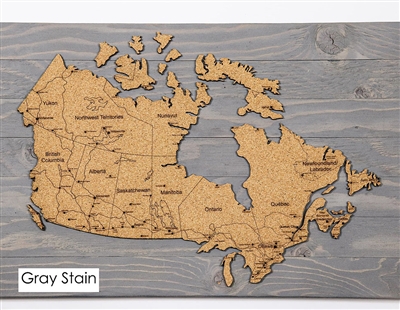 Canada Travel Map - Cork Pin Map with Flags GREY. Share your travel story. Pin where you've been and add photos of your favorite places. This map of Canada is printed on eco-friendly cork. Measures 24" wide x 14" tall. Comes with a durable grey wood backi