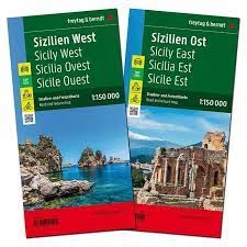 Sicily East & West Travel Map with Cycling Routes. This is an excellent double map set of Sicily at a scale of 1:150,000. Features two maps; Sicily West and Sicily East. Ideal for cycling, driving and detailed trip planning. Freytag & Berndt road maps are