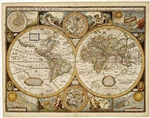 World Antique Wall Map - 1651 reproduction. This is an excellent antique style wall map of the world. It is a reprint of a 1651 original drawing. It includes antique style cartography, Northern and Southern celestial star charts, diagrams of the eclipse o