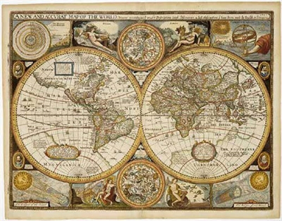 World Antique Wall Map - 1651 reproduction. This is an excellent antique style wall map of the world. It is a reprint of a 1651 original drawing. It includes antique style cartography, Northern and Southern celestial star charts, diagrams of the eclipse o