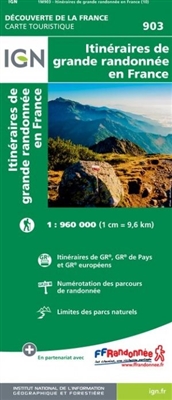 Great Hiking Trails in France. This is a large scale map of France showing hiking trails throughout the country. Shows all parks. Great for planning. This map is in french.