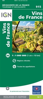 Wines of France - Vineyard Touring map. This map of France shows the vineyards. It breaks them down by region, by grape color and type of wine. This map has information provided in English and French. Very informative and easy to read.