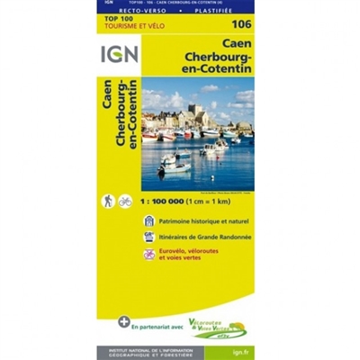 Caen Cherbourg-en-Cotentin France - Detailed Road Map. The brand new revision of the IGN Top 100 maps - originally designed for cyclists they should appeal to anyone who wants to explore their holiday area of France in detail by walking, cycling or by car