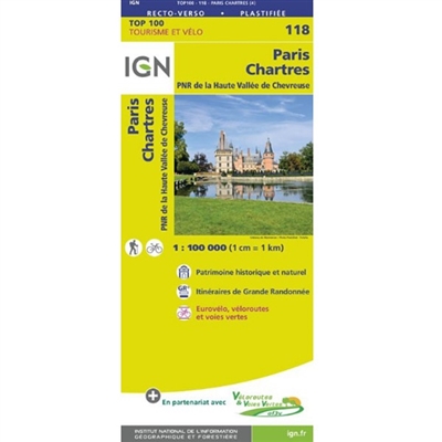 Paris Chartres France - Detailed Road Map. The brand new revision of the IGN Top 100 maps - originally designed for cyclists they should appeal to anyone who wants to explore their holiday area of France in detail by walking, cycling or by car. IGN say th