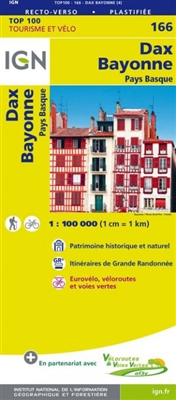 Dax Bayonne France - Detailed Road Map. The brand new revision of the IGN Top 100 maps - originally designed for cyclists they should appeal to anyone who wants to explore their holiday area of France in detail by walking, cycling or by car. IGN say the n