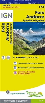Foix Andorre France - Detailed Road Map. The brand new revision of the IGN Top 100 maps - originally designed for cyclists they should appeal to anyone who wants to explore their holiday area of France in detail by walking, cycling or by car. IGN sa