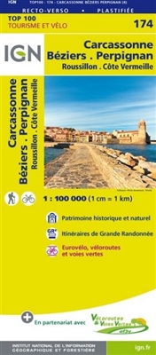 174 Carcassonne Beziers Perpignan France - Detailed Road Map. The brand new revision of the IGN Top 100 maps - originally designed for cyclists they should appeal to anyone who wants to explore their holiday area of France in detail by walking, cycling or