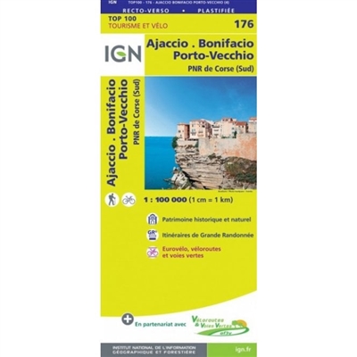 176 Ajaccio Bonifacio Porto-Vecchio France - Detailed Road Map. The brand new revision of the IGN Top 100 maps - originally designed for cyclists they should appeal to anyone who wants to explore their holiday area of France in detail by walking, cycling