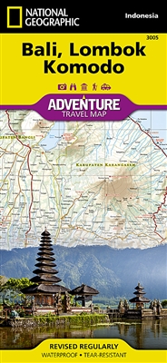 Bali Lombok and Komodo Adventure Map. The map includes the locations of cities and towns with a user-friendly index, clearly marked road network complete with distances and designations for major highways, main roads, and tracks and trails for those seeki