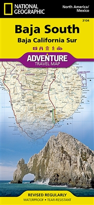 Baja South Adventure Travel Map. The map includes the locations of cities and towns with a user-friendly index, plus a clearly marked road network complete with distances and designations for major highways, main roads, and tracks and trails for those see