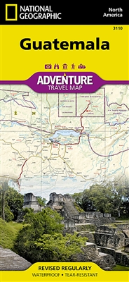 Guatemala National Geographic Adventure Map. The front side offers a detailed topographic map of northern Guatemala, including northern border regions with Mexico and Belize. Map a journey down marked rivers to the ancient Mayan ruins