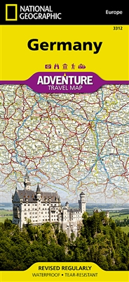 Germany National Geographic Adventure Map. The front side of the Germany map details the southern region of the country, from its border with Luxembourg, Belgium and France to the west, to Switzerland and Austria to the south, and Czechoslovakia to the ea