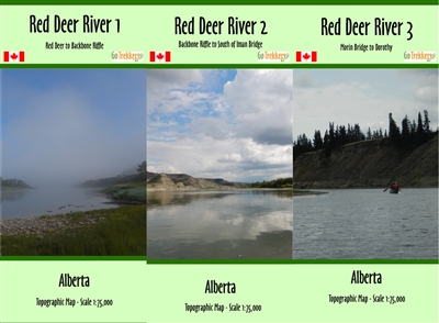 Red Deer River Canoe Maps (set of 3 maps). This package includes three topographic maps at a scale of 1:75,000 that cover the stretch of the Red Deer River from Red Deer to Dorothy in Alberta. Each map is 40" x 12" in size and shows detailed terrain infor