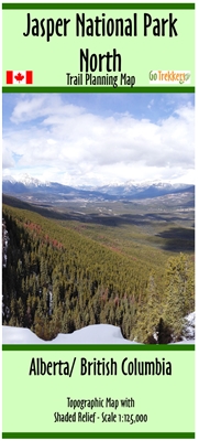 JASPER NATIONAL PARK NORTH HIKERS PLANNING MAP.  Map covering from Willmore Wilderness Provincial Park to the Jasper Townsite at 1:125,000 adjacent to the Willmore map. This map is about 44" x 26" single sided showing park trails. Map has 40 metre contour