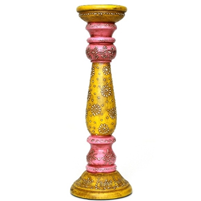 Yellow and Pink Wooden Pillar Candle Holder