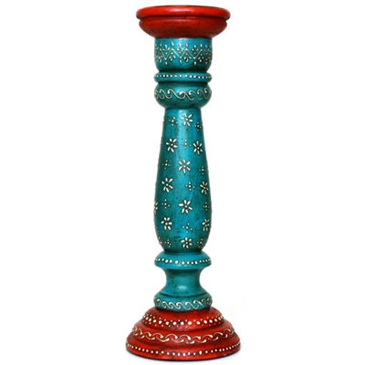 Blue and Red Wooden Pillar Candle Holder