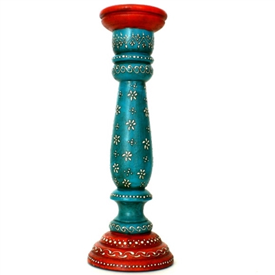 Blue and Red Wooden Pillar Candle Holder