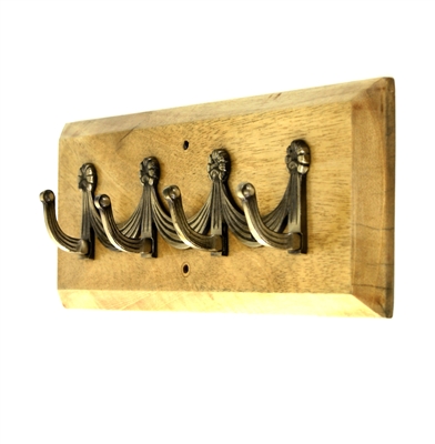 Wooden Hook Rack (Four Antique Brass Pegs)