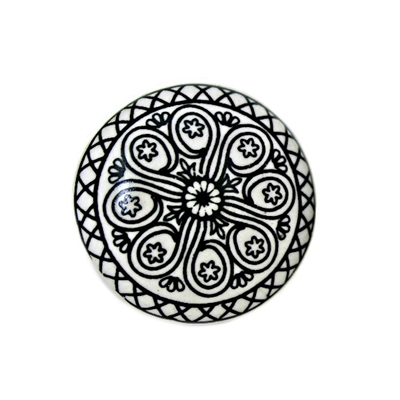 Flat Ceramic Knob with Intricate Black Motif