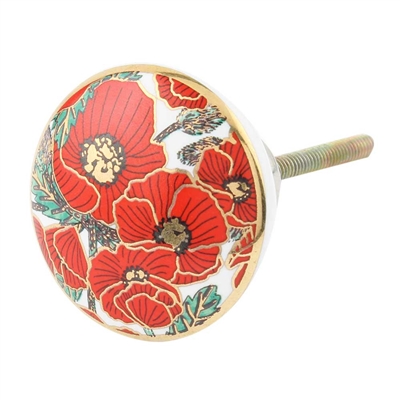 Red Gold Poppy Flower Ceramic Cabinet Knob