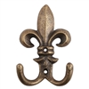 Set of Two Fleur De Lis Iron Hooks in Antique Brass Finish