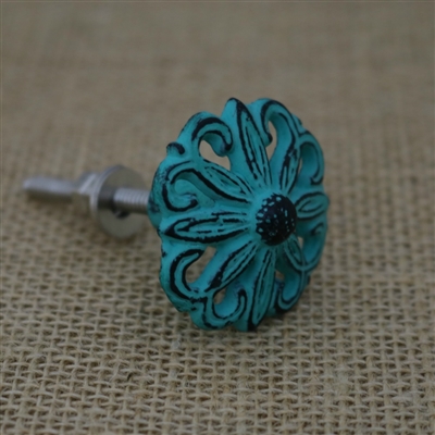 Floral Metal Cabinet Knob in Distressed Green