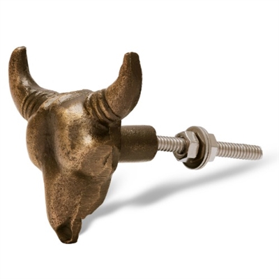 Buffalo Skull Cabinet Knob in Antique Brass Finish