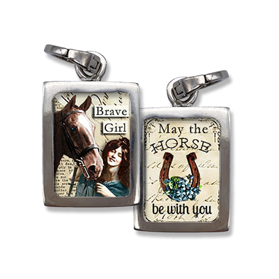 equestrian jewelry charm features a woman with a horse