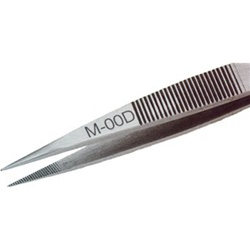 Excelta M-00D Three Star 3 3/8" Carbon Steel Straight Strong serrated point miniature tweezer - Made in Switzerland