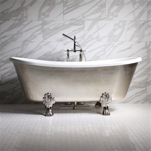 'SIMONA67' 67" CoreAcryl WHITE Acrylic French Bateau Clawfoot Tub with Umber Wash Aged Silver Leaf Exterior plus Faucet Package